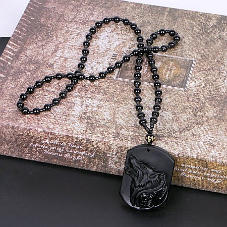 Medalion barbatesc MBrands Dog Tag din piatra neagra Obsidian cu lup [2]