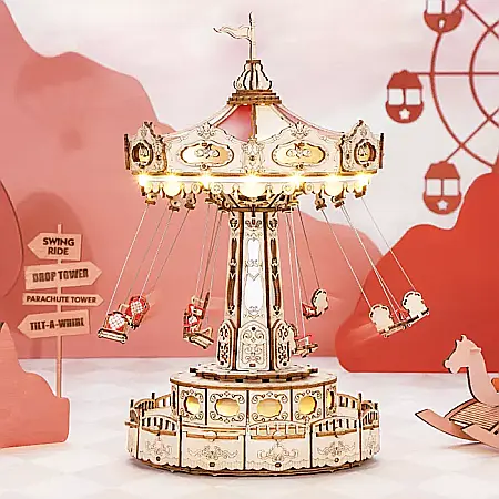 Puzzle 3D din lemn, cutiuta muzicala, Carusel vesel, 289 piese, DIY [0]