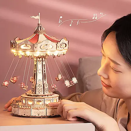 Puzzle 3D din lemn, cutiuta muzicala, Carusel vesel, 289 piese, DIY [1]