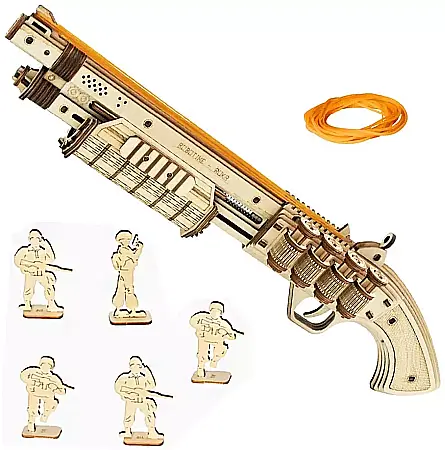 Idei Cadouri - Puzzle 3D, set constructie pusca de vanatoare din lemn, soldati ca tinte, 170 piese, DIY