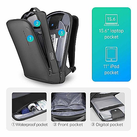Rucsac barbati Mark Ryden Smart , Laptop de 15.6, full impermeabil, USB si micro USB, slim [4]