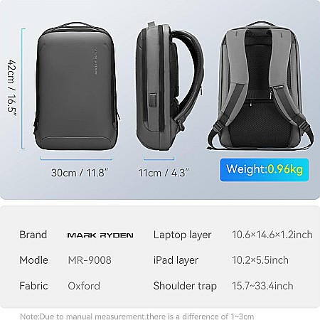 Rucsac barbati Mark Ryden Smart , Laptop de 15.6, rezistent la apa USB si micro USB, slim, gri [4]