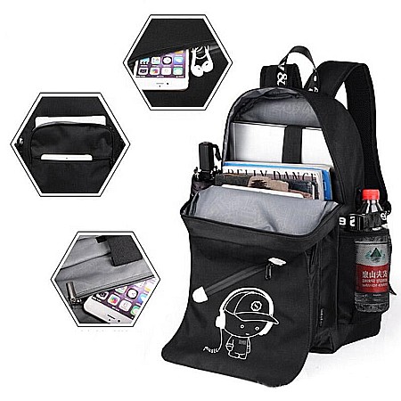 Rucsac, ghiozdan Smart, waterproof, cu design fosforescent, incarcare USB, spatiu casti, Music boy design [4]
