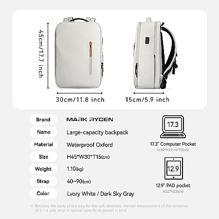 Rucsac Mark Ryden Smart, port USB, buzunar laptop 17.3, rezistent la apa, buzunar card protectie RFID, alb [5]