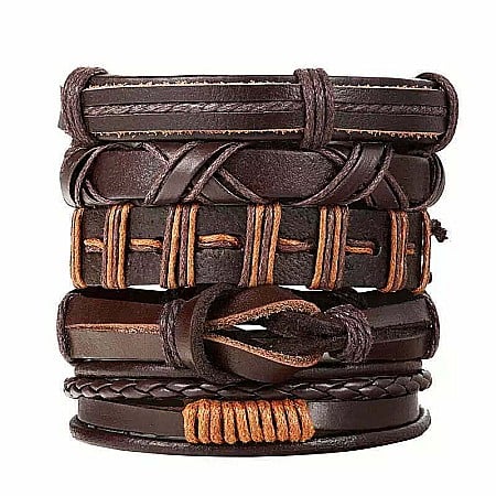 Bărbați - Set 5 bratari cu multiple straturi MBrands pentru barbati, din piele naturala, negru
