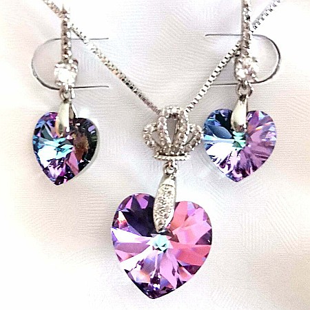 Set Colier si cercei dama MBrands Placat cu Aur Alb, cristale austria, forma inima [2]