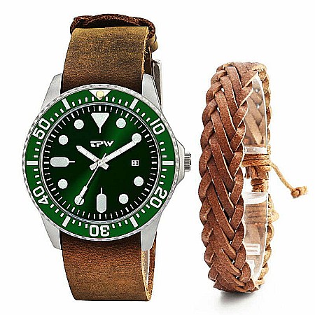 Set de barbati MBrands  ceas quartz cu data, curea din piele si bratara din piele [0]