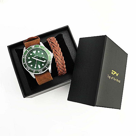 Set de barbati MBrands  ceas quartz cu data, curea din piele si bratara din piele [6]