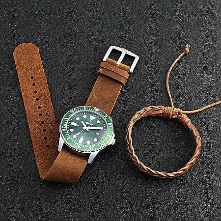 Set de barbati MBrands  ceas quartz cu data, curea din piele si bratara din piele [1]