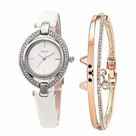 Ceasuri Dama - Set MBrands ceas quartz cu cristale si bratara in forma de pisica