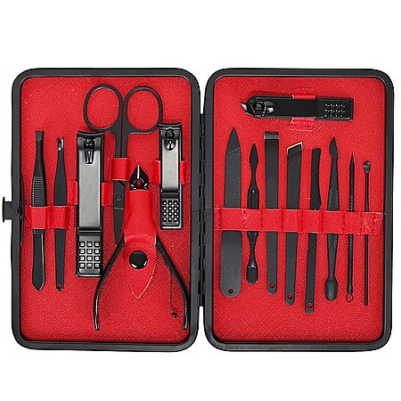 Trusa de unghii MBrands 15 piese, manichiura, indepartare puncte negre, penseta si instrument curatare auriculara cu clutch transport, negru [2]