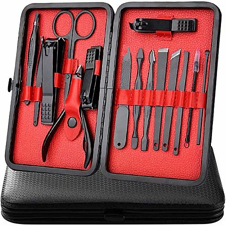 Trusa de unghii MBrands 15 piese, manichiura, indepartare puncte negre, penseta si instrument curatare auriculara cu clutch transport, negru [0]