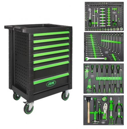 UNELTE PENTRU ATELIER - CĂRUCIOR DE SCULE VERDE DOTAT CU SCULE - 7 SERTARE