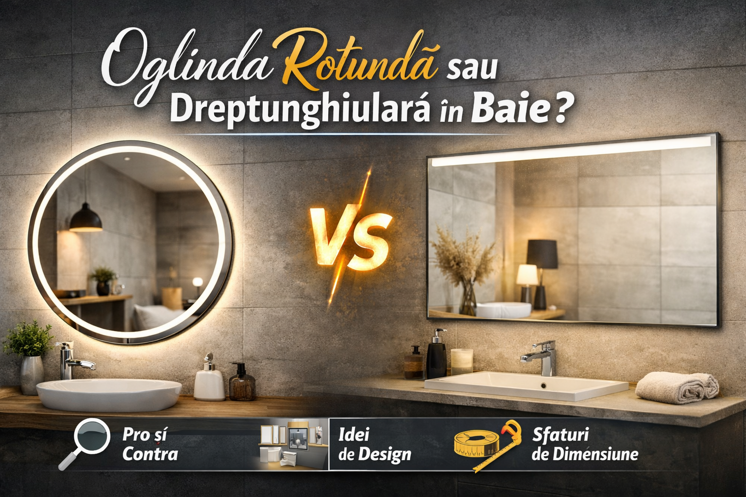 Oglindă rotundă vs dreptunghiulară baie — ghid complet MEC Design