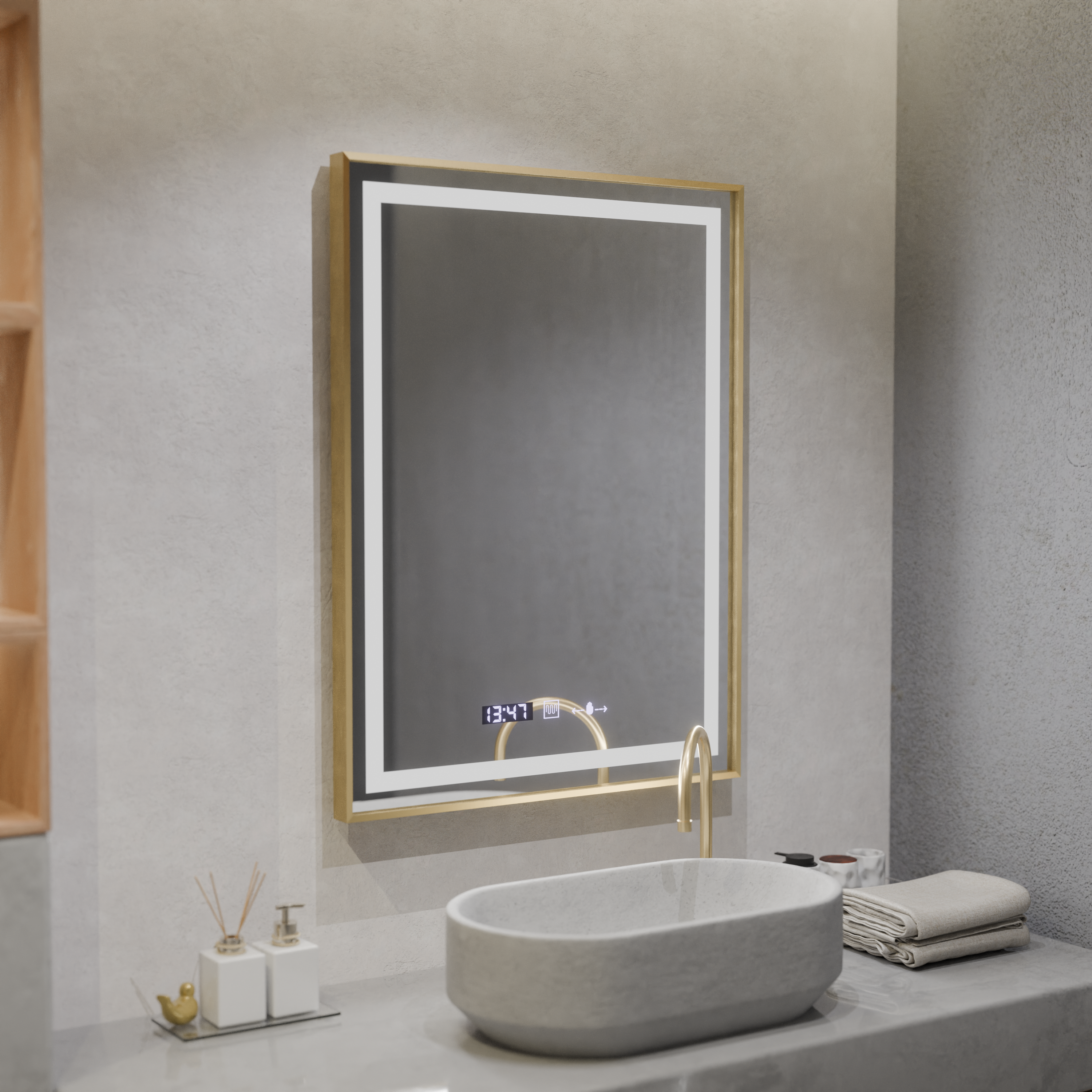 Oglinda LED Rectangulara, 60x80cm, Verite Royale Gold MotionGlow Marcello, Sistem Dezaburire, Ceas & Termometru, Dimabila [1]