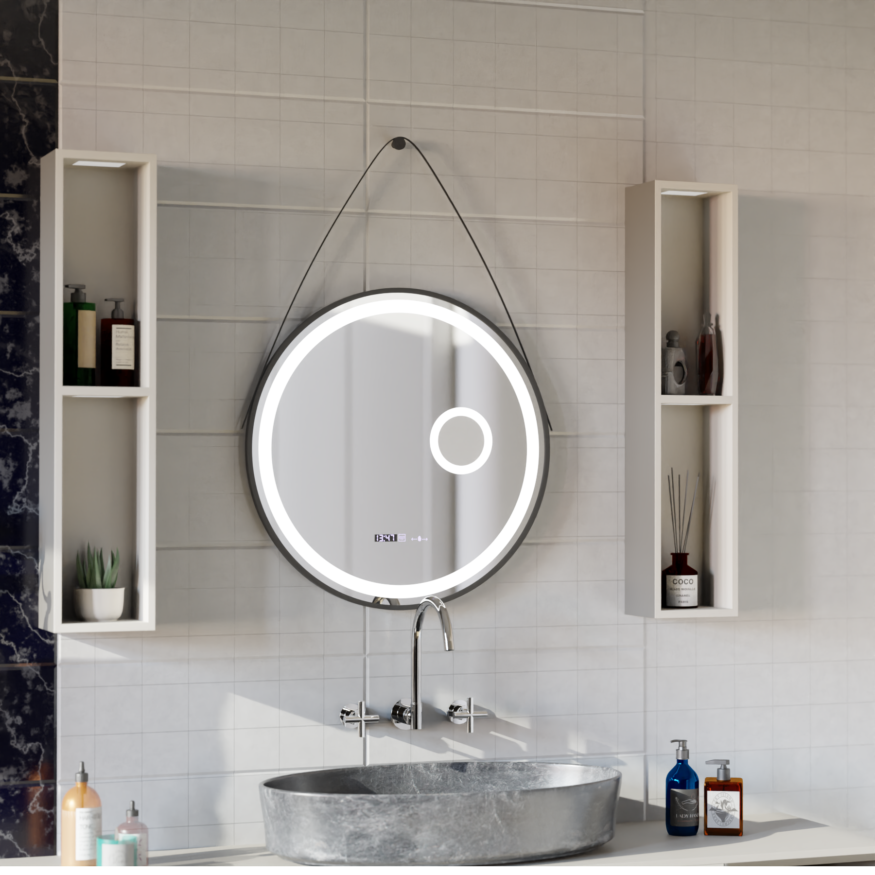 Oglinda LED rotunda 60cm cu senzor, lupa cosmetica, ceas, termometru si lumina reglabila [7]