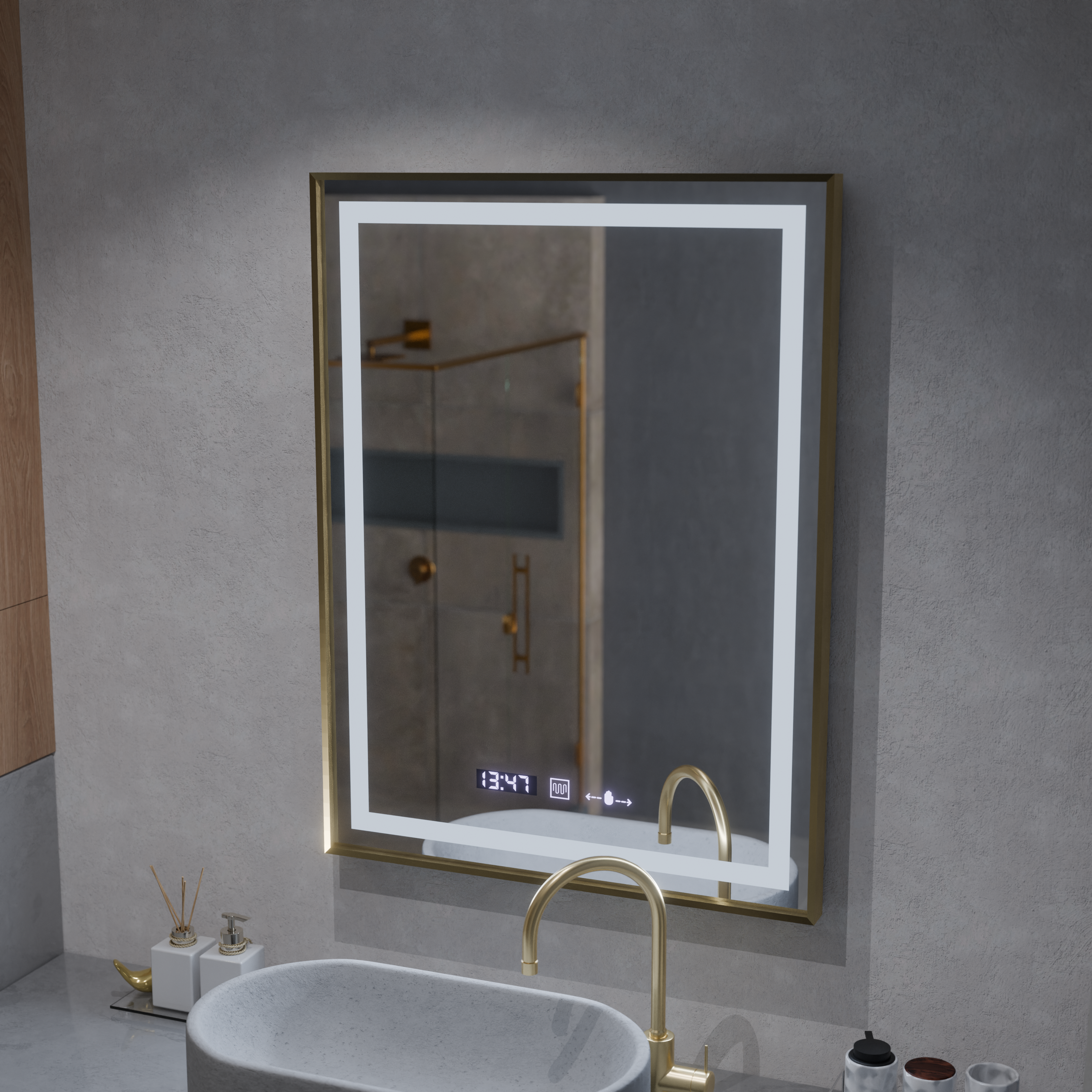 Oglinda LED Rectangulara, 60x80cm, Verite Royale Gold MotionGlow Marcello, Sistem Dezaburire, Ceas & Termometru, Dimabila [2]