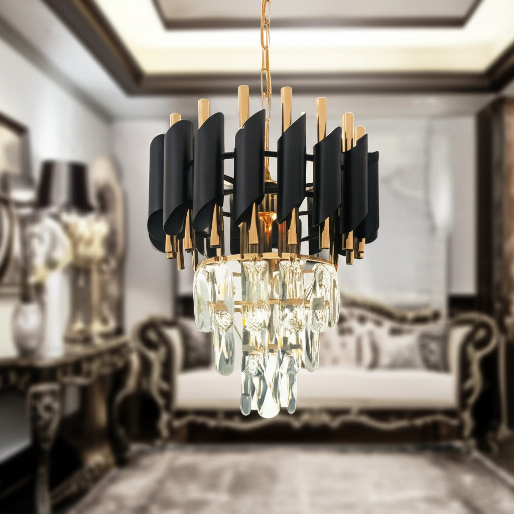 Candelabru Cristal VERSAILLES Petito 3xE14, Diametru 30cm, Auriu Lucios si Negru, Inaltime Reglabila [1]