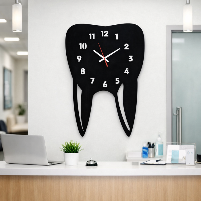 Ceas Decorativ în Formă de Dinte din Lemn Tăiat Laser – Negru Mat | Decor Cabinet Stomatologic [3]