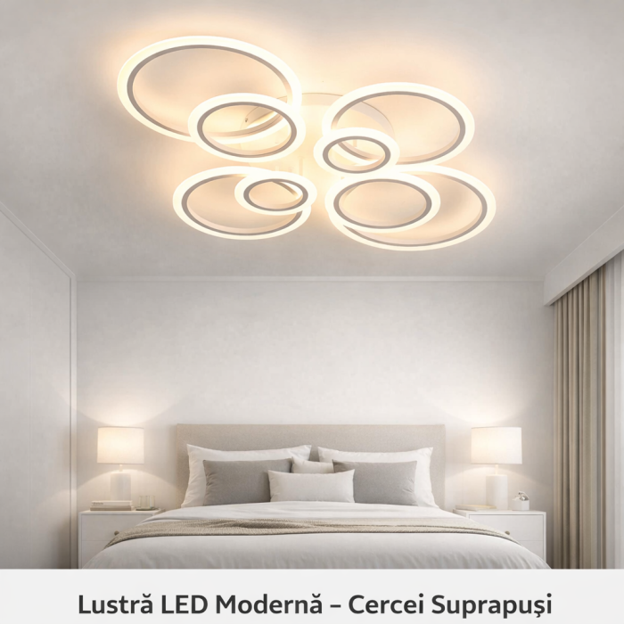 Lustra LED Moderna 130W cu Telecomanda, 8 Inele Luminoase, Dimabila, Lumina Reglabila Rece/Calda/Neutra, Design Elegant Alb [2]