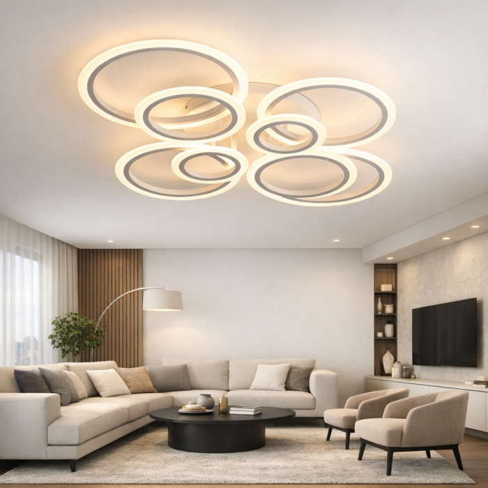 Lustra LED Moderna 130W cu Telecomanda, 8 Inele Luminoase, Dimabila, Lumina Reglabila Rece/Calda/Neutra, Design Elegant Alb [3]