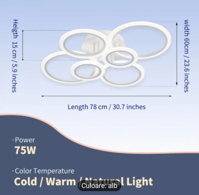 Lustra LED cu telecomanda 6 Cercuri, 82W, lumina Rece/Calda/Neutra, Dimabila, Alb [9]