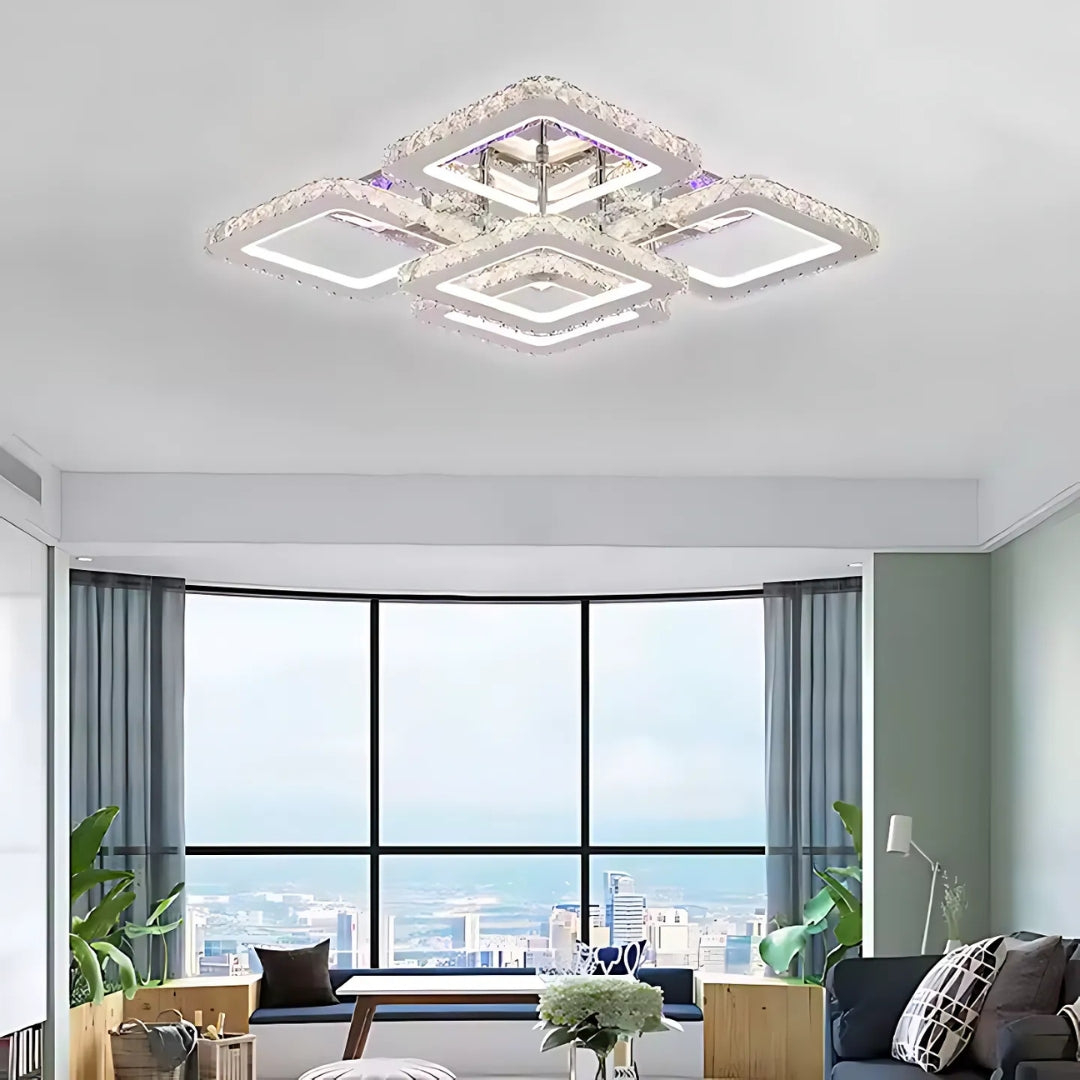 Lustra LED cu telecomanda cu cristal QUADRIA SUPREMO RGB, 148W, 5 Patrate, lumina Rece/Calda/Neutra, Dimabila, Crom Lucios [4]
