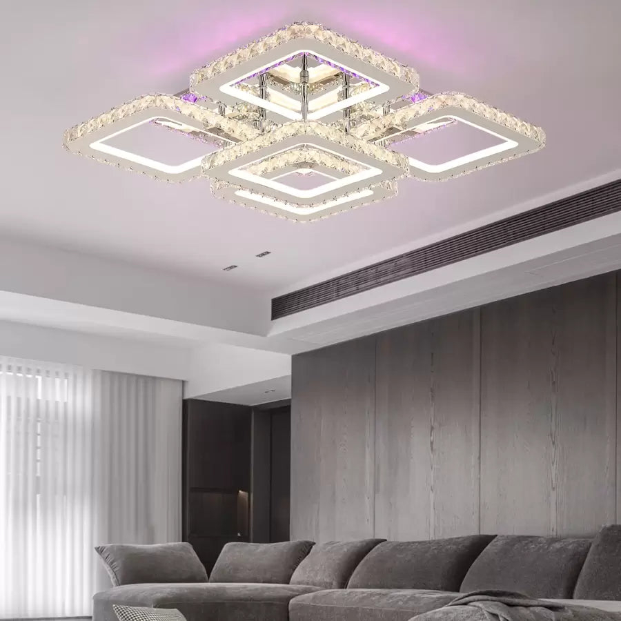 Lustra LED cu telecomanda cu cristal QUADRIA SUPREMO RGB, 148W, 5 Patrate, lumina Rece/Calda/Neutra, Dimabila, Crom Lucios [1]