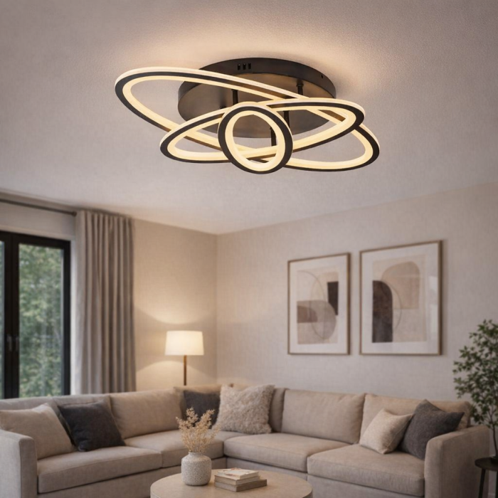 Lustra LED OWL 75W cu Telecomanda, 3 Inele Ovale, Dimabila, Lumina Reglabila Rece/Calda/Neutra, Design Elegant Negru [2]