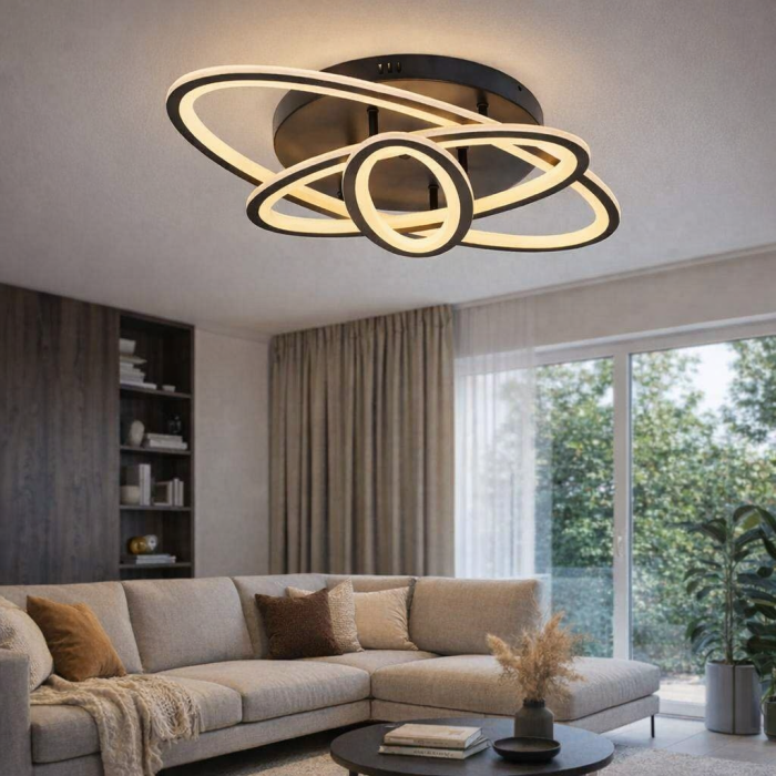 Lustra LED OWL 75W cu Telecomanda, 3 Inele Ovale, Dimabila, Lumina Reglabila Rece/Calda/Neutra, Design Elegant Negru [3]