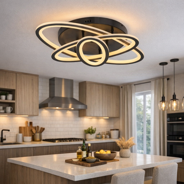 Lustra LED OWL 75W cu Telecomanda, 3 Inele Ovale, Dimabila, Lumina Reglabila Rece/Calda/Neutra, Design Elegant Negru [4]