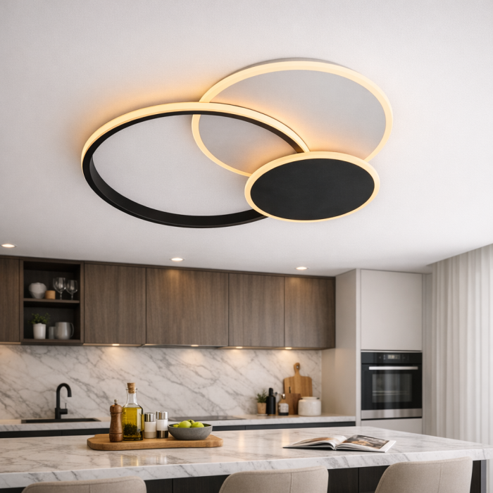 Lustră LED GRIG 60W cu Telecomandă, Design 3 Cercuri, Dimabilă, Lumină Caldă / Neutră / Rece, 5500 lm, Negru-Alb, pentru Living și Dormitor [2]