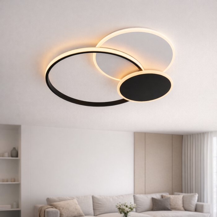 Lustră LED GRIG 60W cu Telecomandă, Design 3 Cercuri, Dimabilă, Lumină Caldă / Neutră / Rece, 5500 lm, Negru-Alb, pentru Living și Dormitor [3]