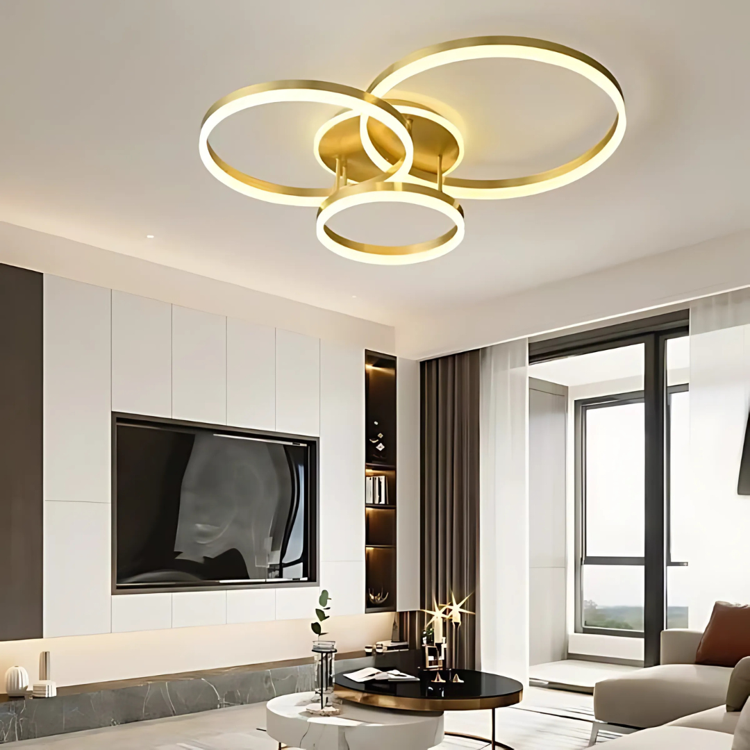Lustra LED cu telecomanda RIGA LILITH 94W, 3 Cercuri, lumina Rece/Calda/Neutra, Dimabila, Auriu Lucios [1]