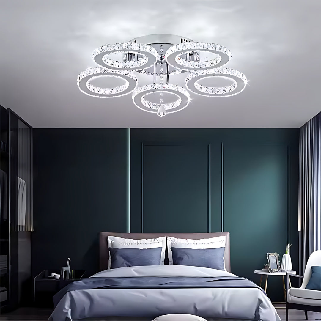 Lustra LED cu telecomanda si cristal ALANUBIS 61W, 5 Cercuri, lumina Rece/Calda/Neutra, Dimabila, Crom Lucios [2]
