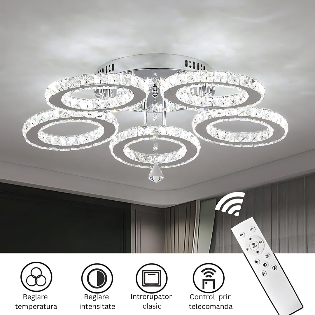 Lustra LED cu telecomanda si cristal ALANUBIS 61W, 5 Cercuri, lumina Rece/Calda/Neutra, Dimabila, Crom Lucios [3]
