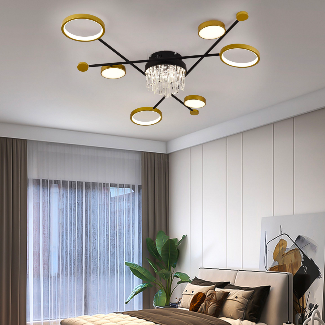 Lustra LED cu telecomanda si cristal GUIDA 38W, 6 Elemente, lumina Rece/Calda/Neutra, Dimabila, Negru Auriu [1]