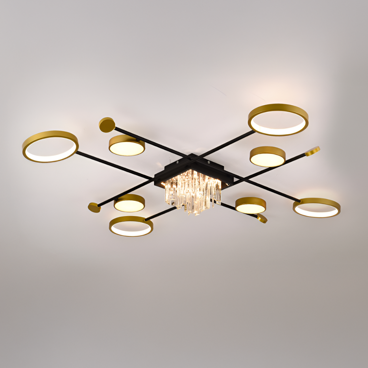 Lustra LED cu telecomanda si cristal GUIDA 46W, 8 Elemente, lumina Rece/Calda/Neutra, Dimabila, Negru Auriu [2]