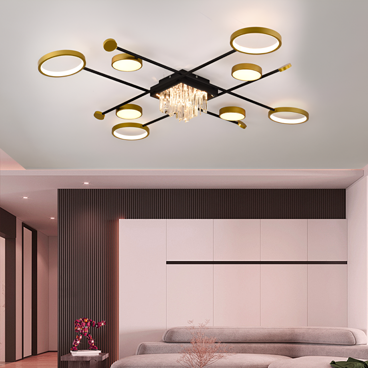 Lustra LED cu telecomanda si cristal GUIDA 46W, 8 Elemente, lumina Rece/Calda/Neutra, Dimabila, Negru Auriu [3]