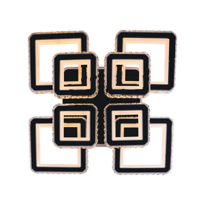 Lustra LED 240W cu 8 patrate si cristale, lumina RGB rece calda neutra, dimabila cu telecomanda, design modern negru crom lucios [6]