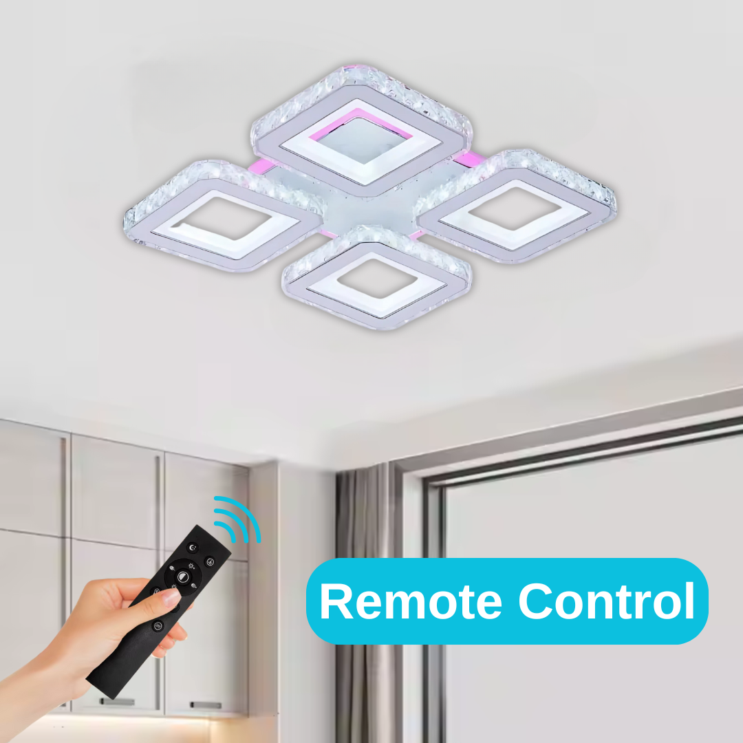 Lustra LED cu telecomanda si cristal LEILA RGB 79W, 4 Patrate, lumina Rece/Calda/Neutra, Dimabila, Alb Crom Lucios [2]