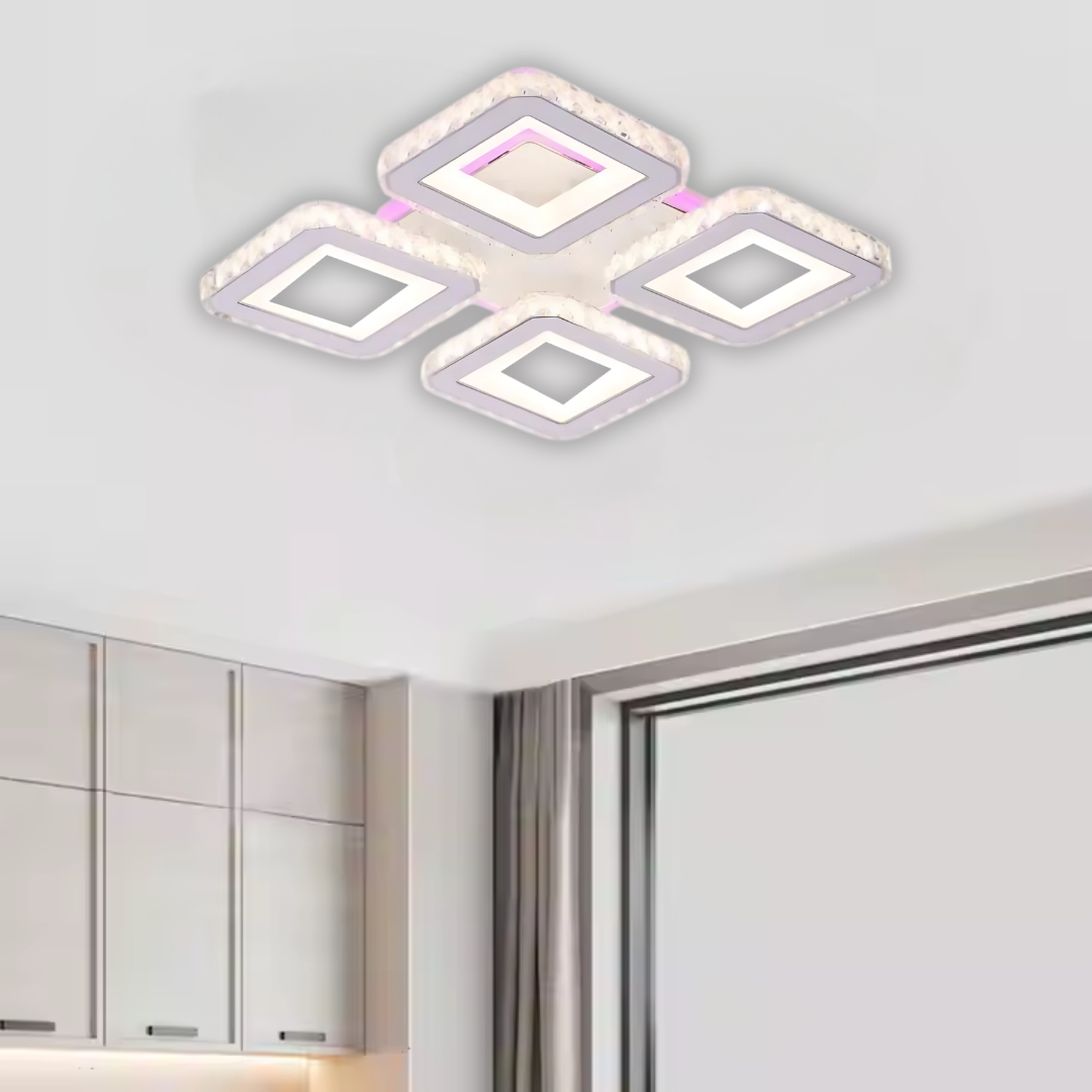 Lustra LED cu telecomanda si cristal LEILA RGB 79W, 4 Patrate, lumina Rece/Calda/Neutra, Dimabila, Alb Crom Lucios [4]