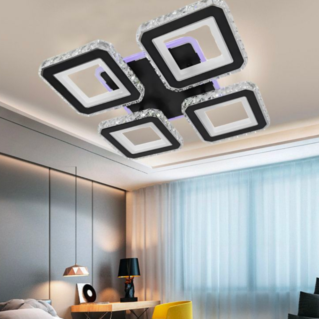 Lustra LED cu telecomanda si cristal LEILA RGB 79W, 4 Patrate, lumina Rece/Calda/Neutra, Dimabila, Negru Crom Lucios [4]
