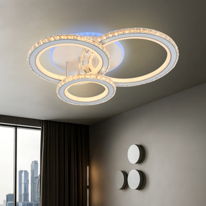 Lustra LED cu telecomanda si cristal NOVA ROTONDA RGB 154W, 3 Cercuri, lumina Rece/Calda/Neutra, Dimabila, Alb [2]