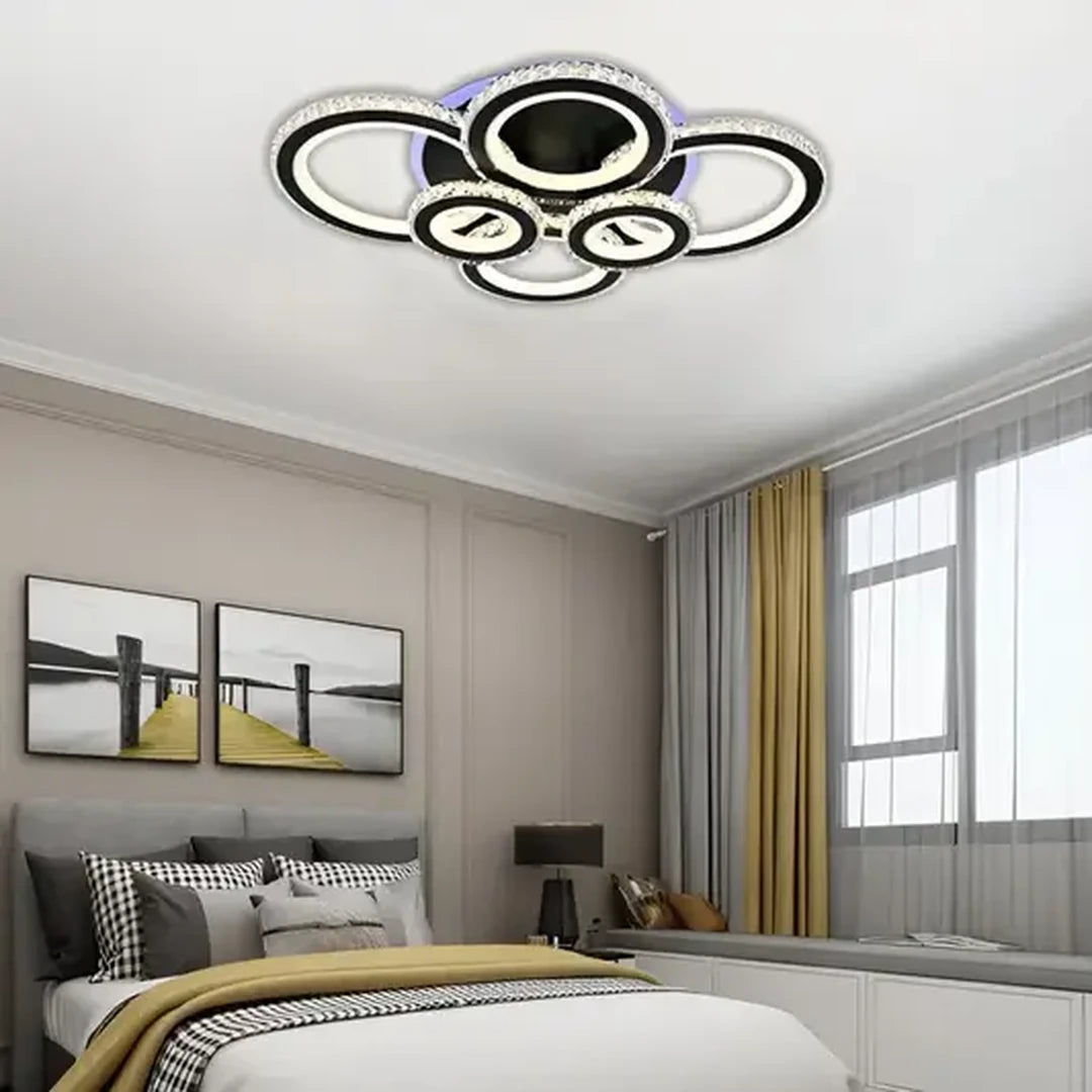 Lustra LED cu telecomanda si cristal NOVA ROTONDA RGB 154W, 6 Cercuri, lumina Rece/Calda/Neutra, Dimabila, Negru [1]