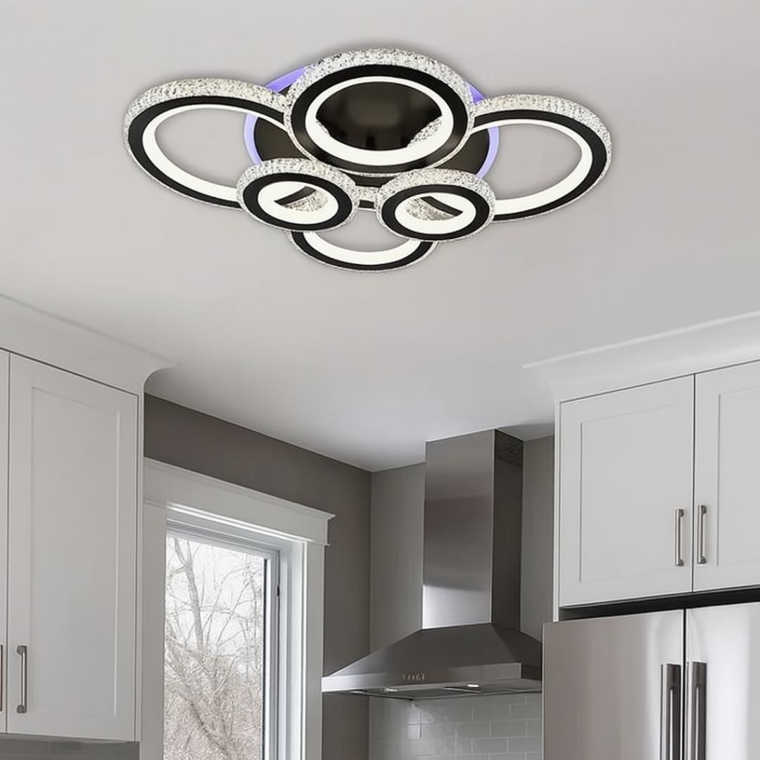 Lustra LED cu telecomanda si cristal NOVA ROTONDA RGB 154W, 6 Cercuri, lumina Rece/Calda/Neutra, Dimabila, Negru [4]