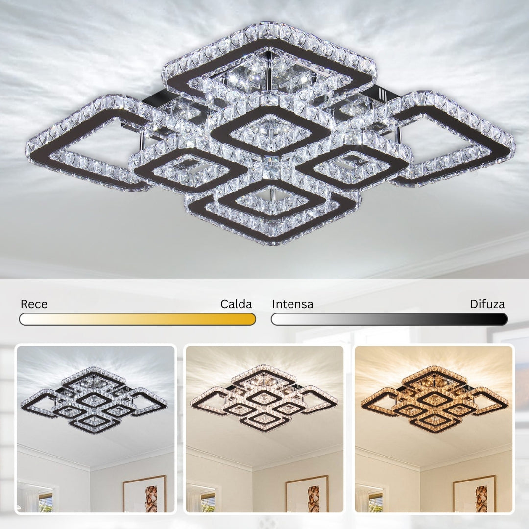 Lustra LED cu telecomanda si cristal QUADRIA SUPREMO RGB 198W, 8 Patrate, lumina Rece/Calda/Neutra, Dimabila, Crom Lucios [3]