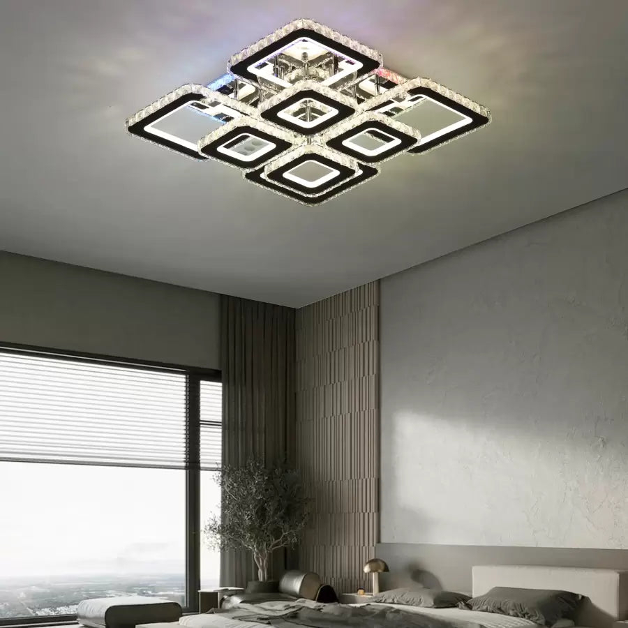 Lustra LED cu telecomanda si cristal QUADRIA SUPREMO RGB 198W, 8 Patrate, lumina Rece/Calda/Neutra, Dimabila, Crom Lucios [1]