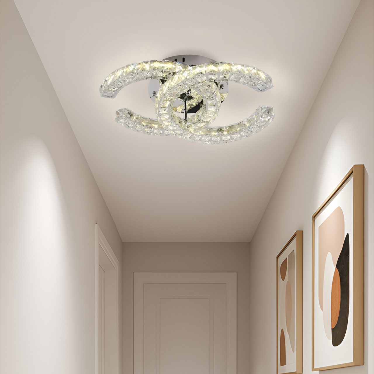 Lustra LED cu telecomanda si cristal SHIA 27W, 2 Cercuri, lumina Rece/Calda/Neutra, Dimabila, Crom Lucios [1]