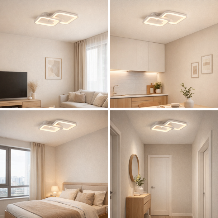 Lustră LED cu Telecomandă Maria 48W, 2 Pătrate, Dimabilă, Lumină Caldă / Rece / Neutră, 3200 lm, Alb, pentru Living și Dormitor [2]